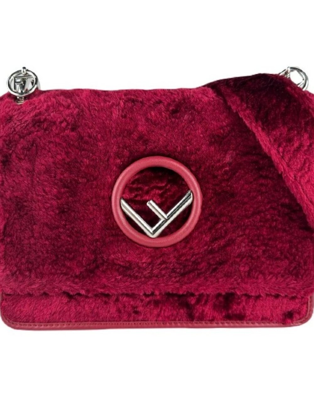 FENDI Can I Shoulder Bag Red Fur/Silvertone - z8922
